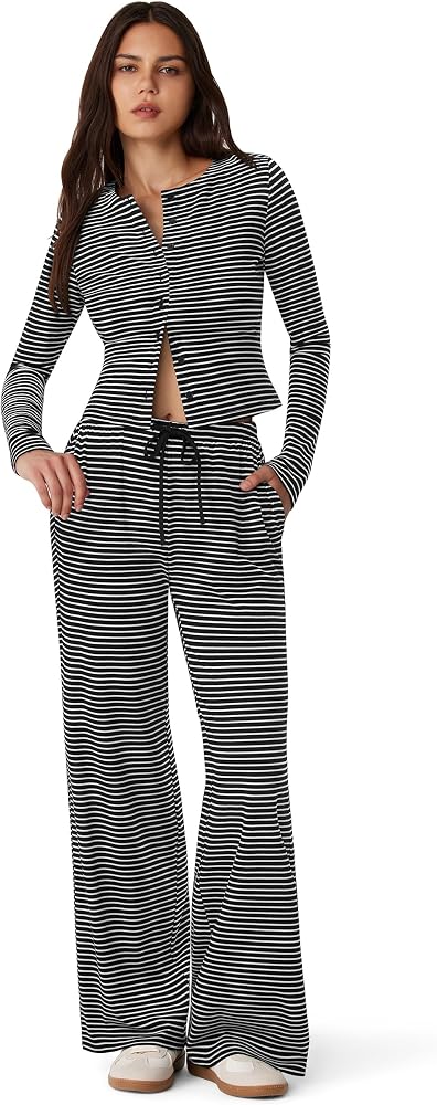 Long Sleeve 2 Piece Lounge Set Button Up Cardigan Matching Sets Wide Leg Y2K Airport Travel Outfits